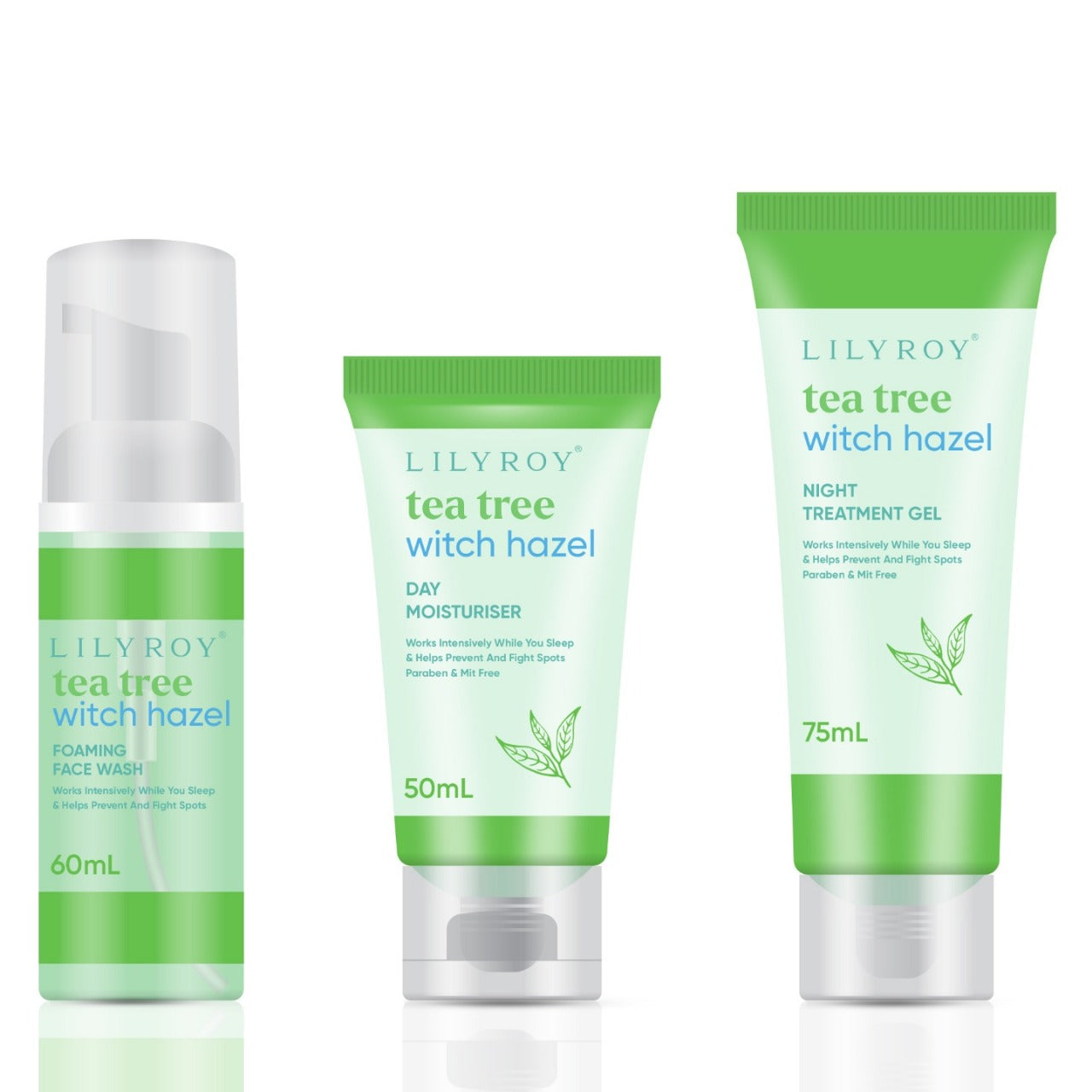 Tea Tree Witch Hazel Skin Care Set – Foaming Face Wash, Day Moisturiser &amp; Night Treatment Gel