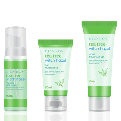 Tea Tree Witch Hazel Skin Care Set – Foaming Face Wash, Day Moisturiser &amp; Night Treatment Gel