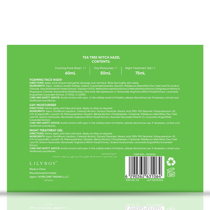 Tea Tree Witch Hazel Skin Care Set – Foaming Face Wash, Day Moisturiser &amp; Night Treatment Gel