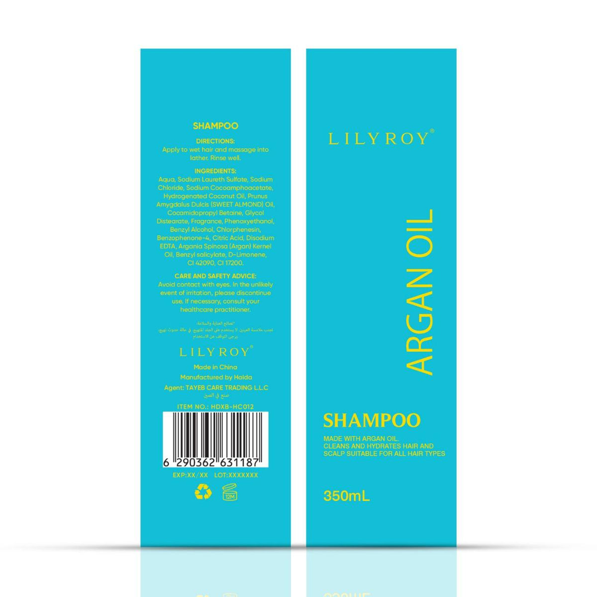 Lilyroy Argan Oil Shampoo 350mL box front and back