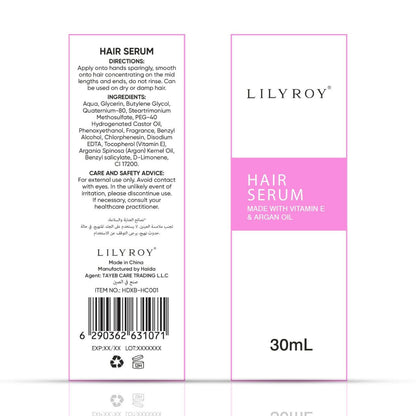 Lilyroy Hair Serum with Argan Oil 30mL box front and back with ingredients