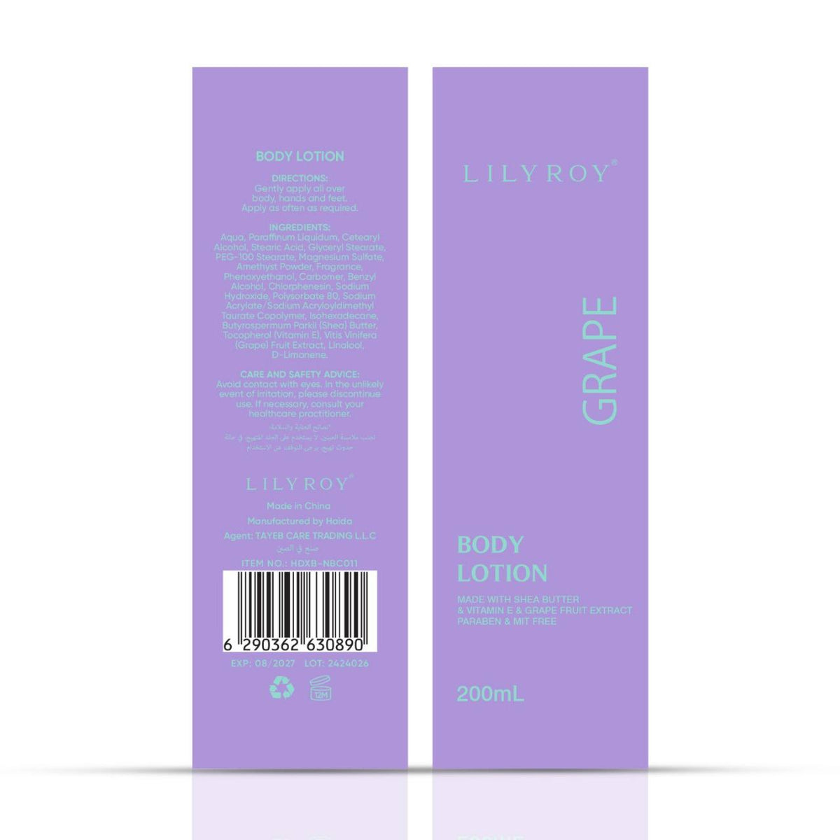 Lilyroy Grape Body Lotion 200mL box front and back
